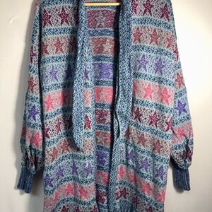 Vintage celestial ViVI Multicolor Star Pattern Women's Cardigan large Tie Neck